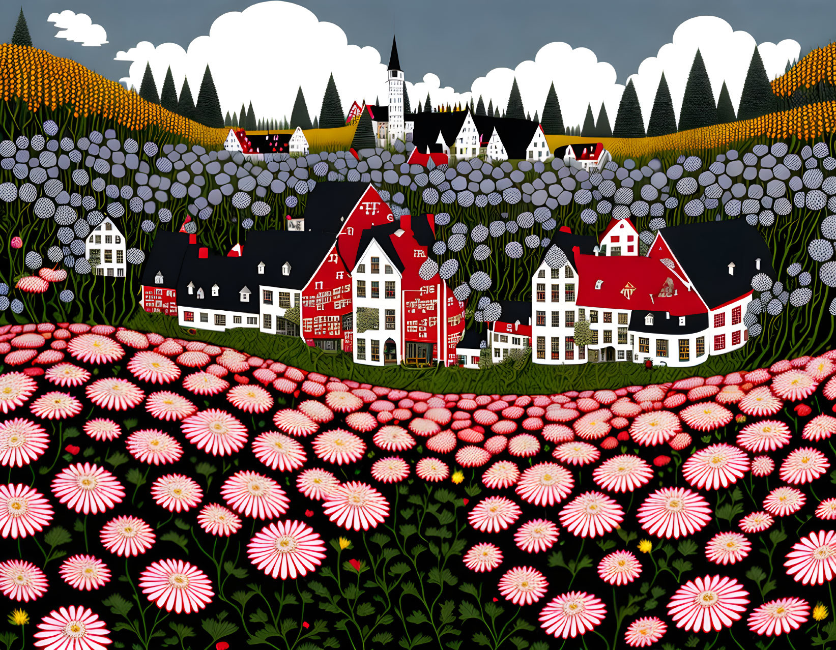 Vibrant village scene with red-roofed houses, hills, forest, and pink flowers.