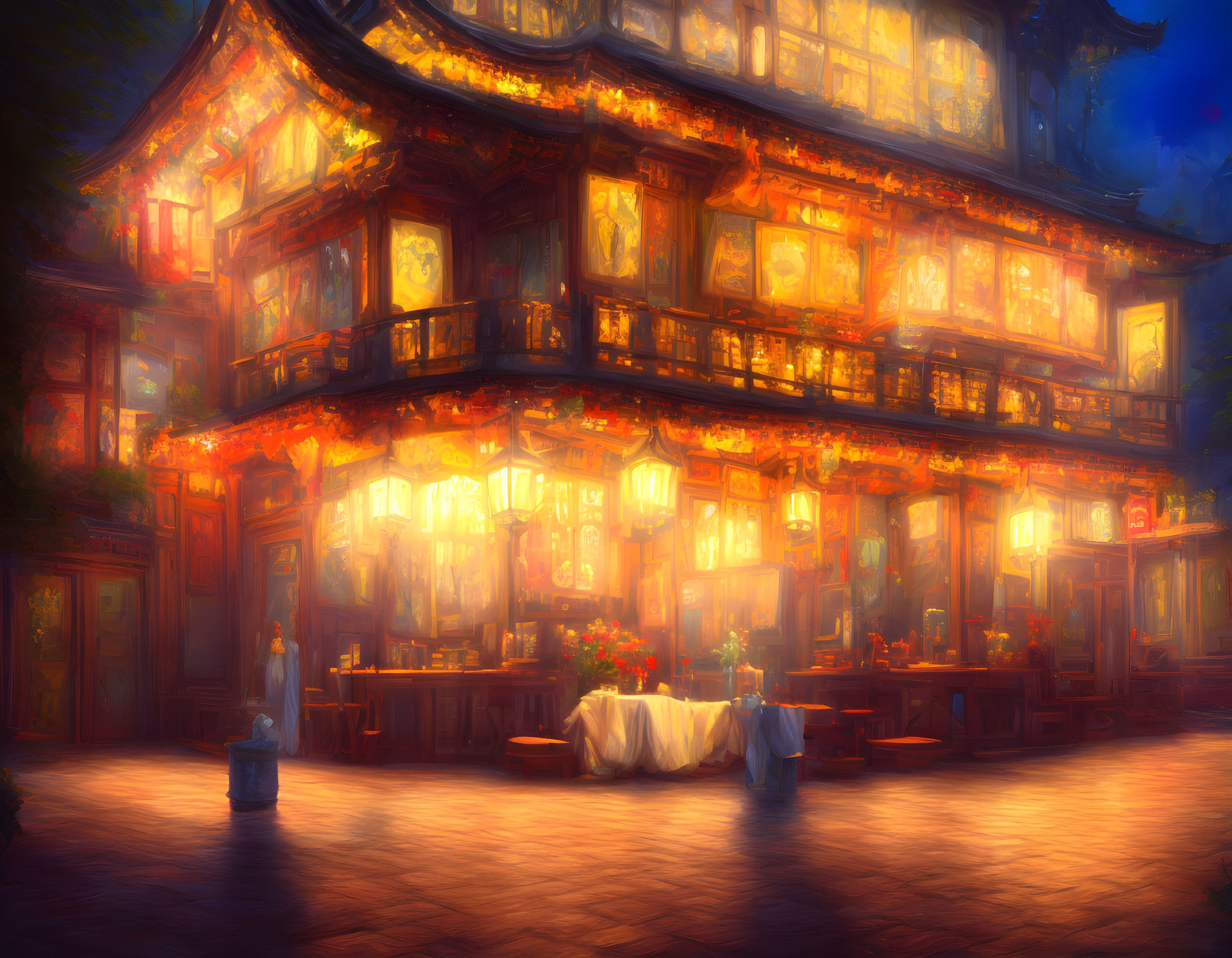 Warmly Lit Traditional Building with Glowing Lanterns and Restaurant Setting at Dusk