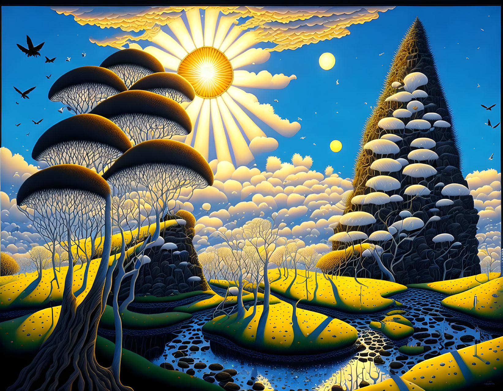 Surreal landscape featuring oversized mushrooms, intricate trees, sparkling water, and celestial bodies under radiant sun