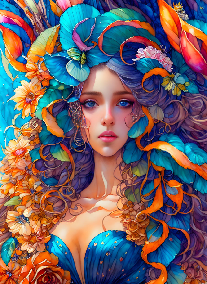 Colorful illustration of woman with blue eyes and floral headdress