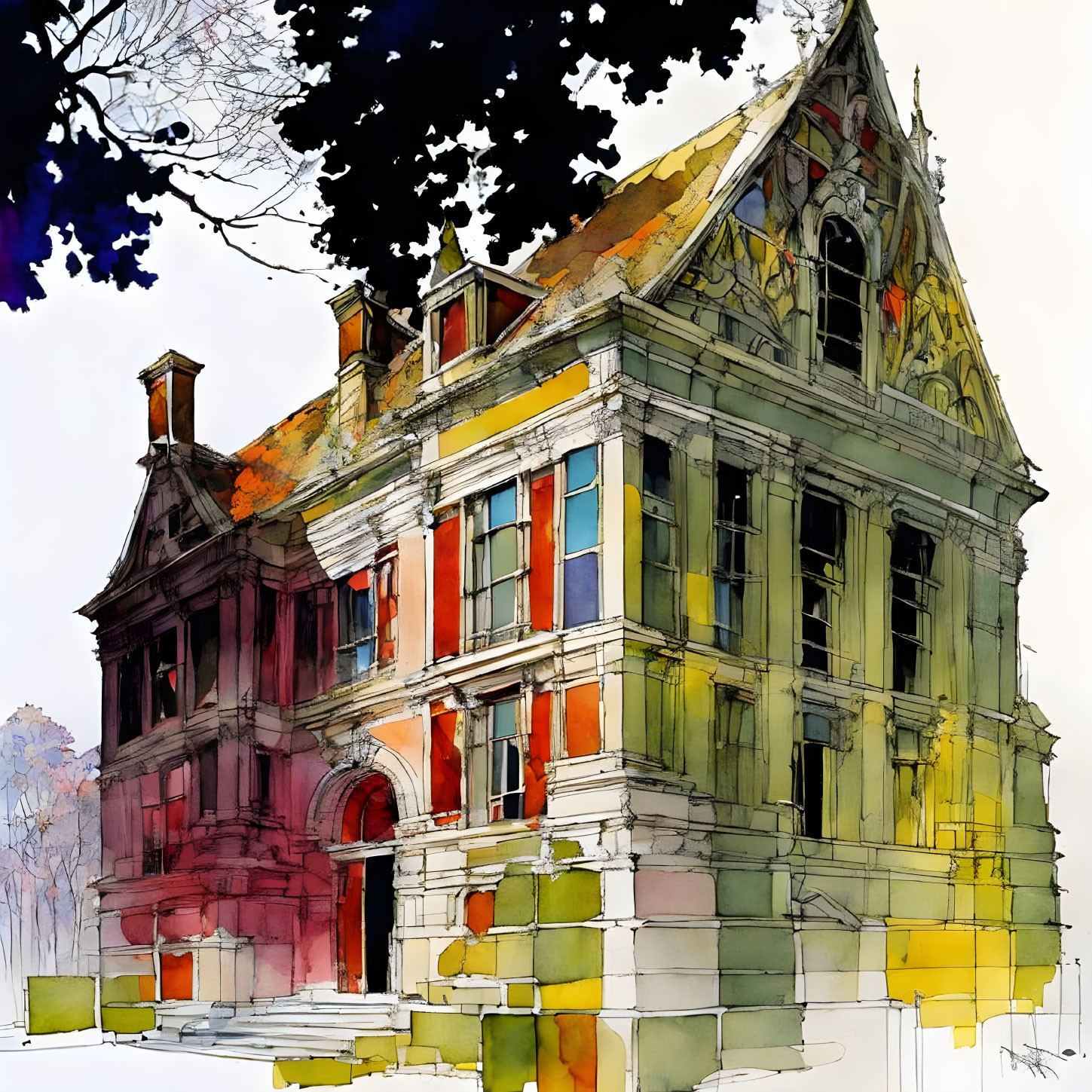 Colorful Watercolor Sketch of Classic Architectural Building with Gables and Trees