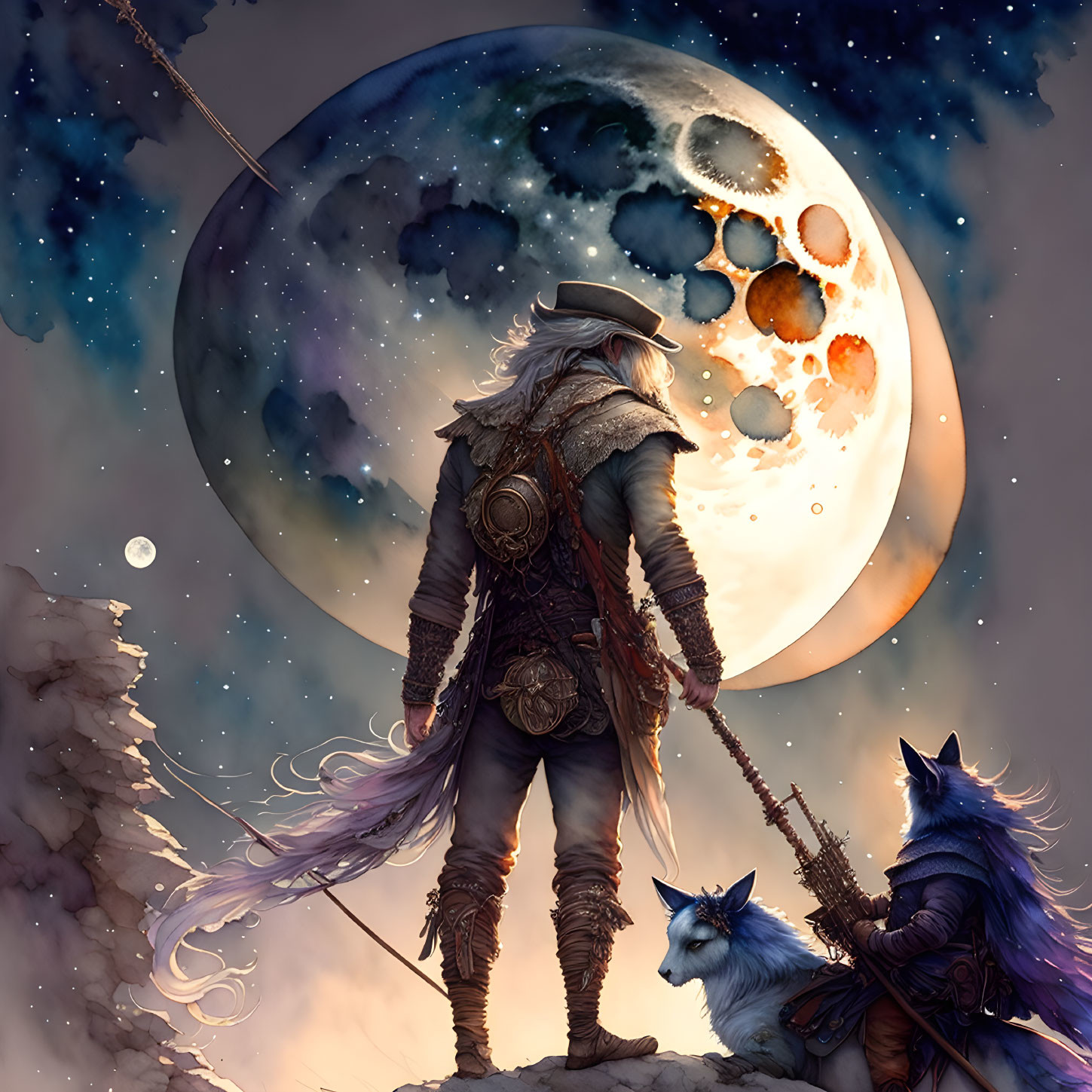 Cloaked figure with sword and wolf under gigantic moon in twilight sky