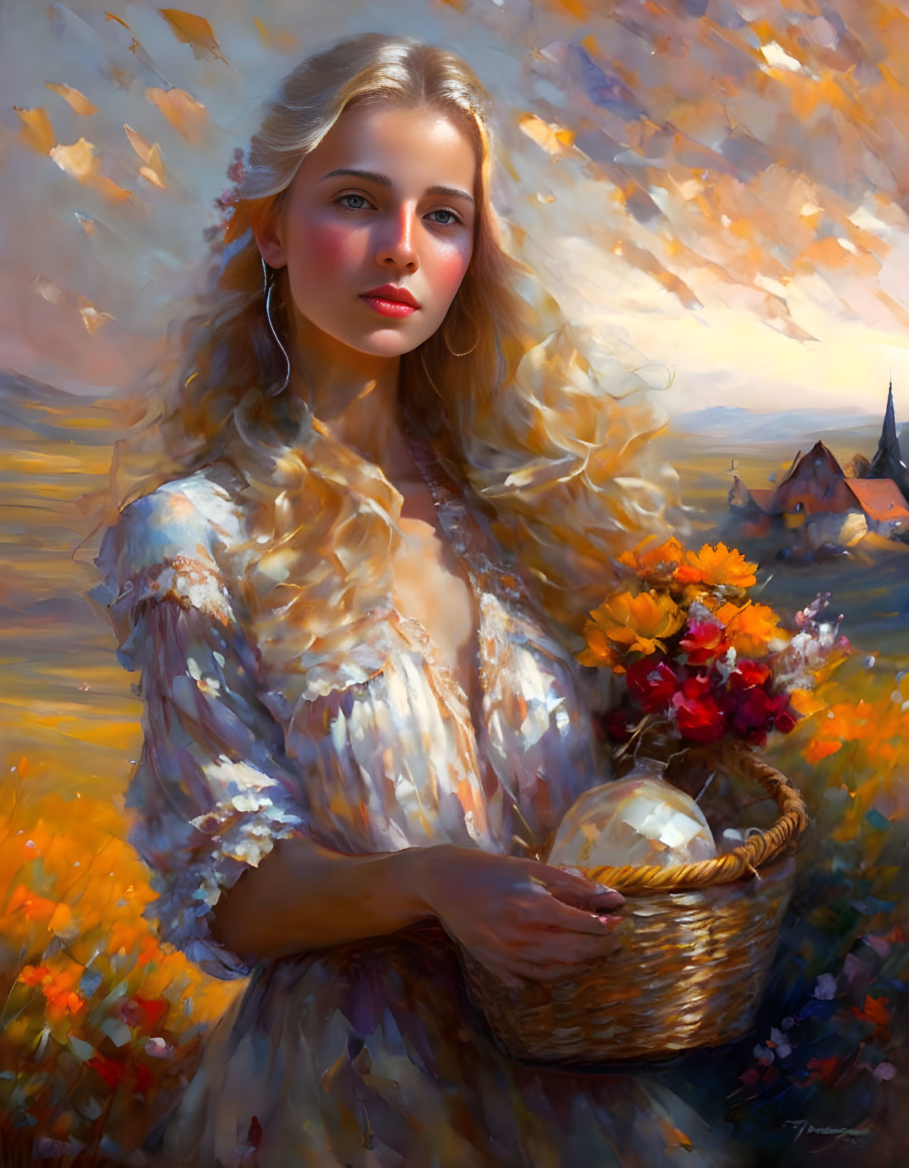 Young woman with flowers in sunlit field and village backdrop