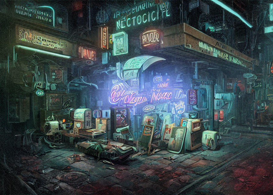 Neon-Lit Cyberpunk Alley with Arcade Machines and Glowing Signs