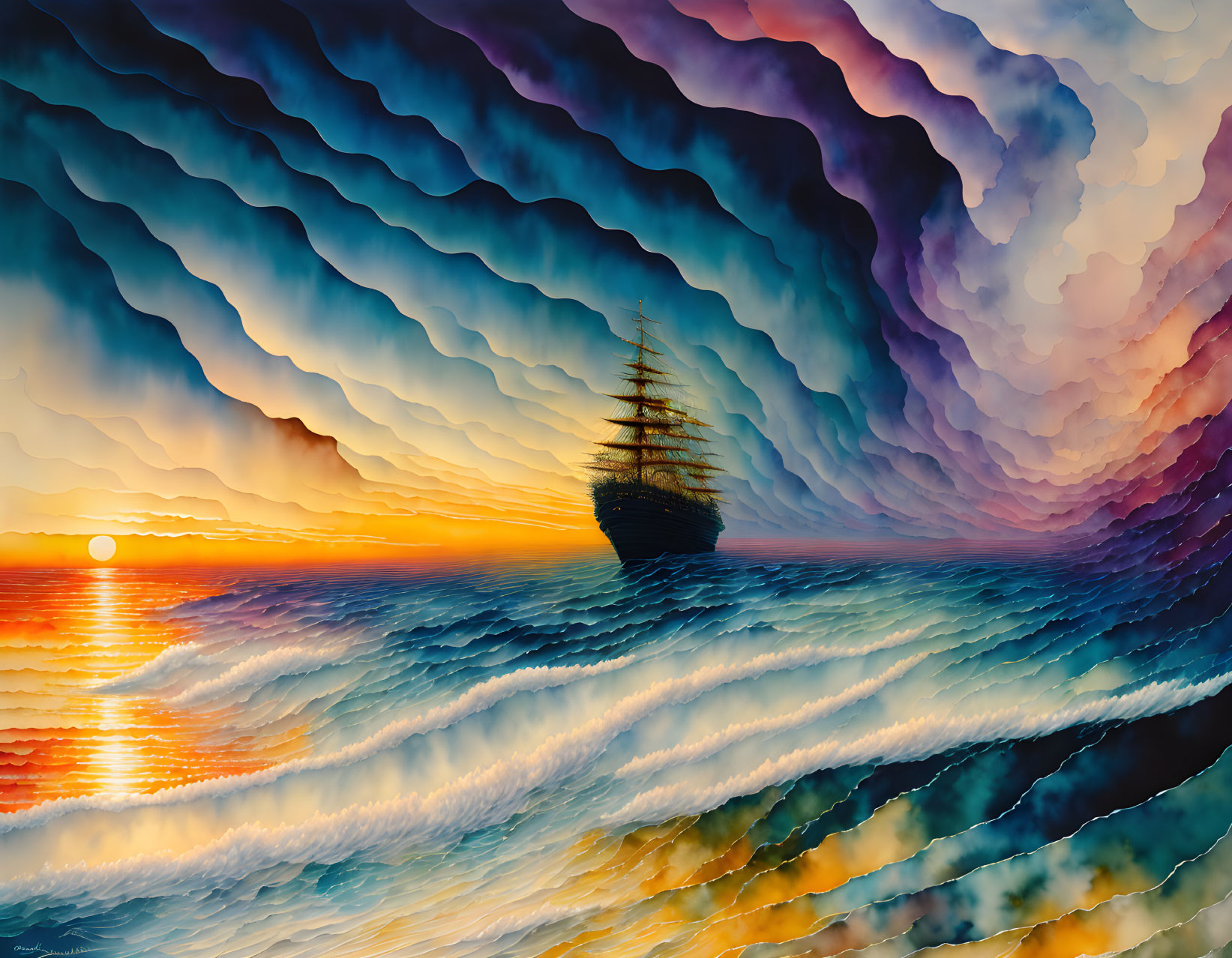 Vibrant surreal seascape with tall ship sailing on colorful waves at sunset