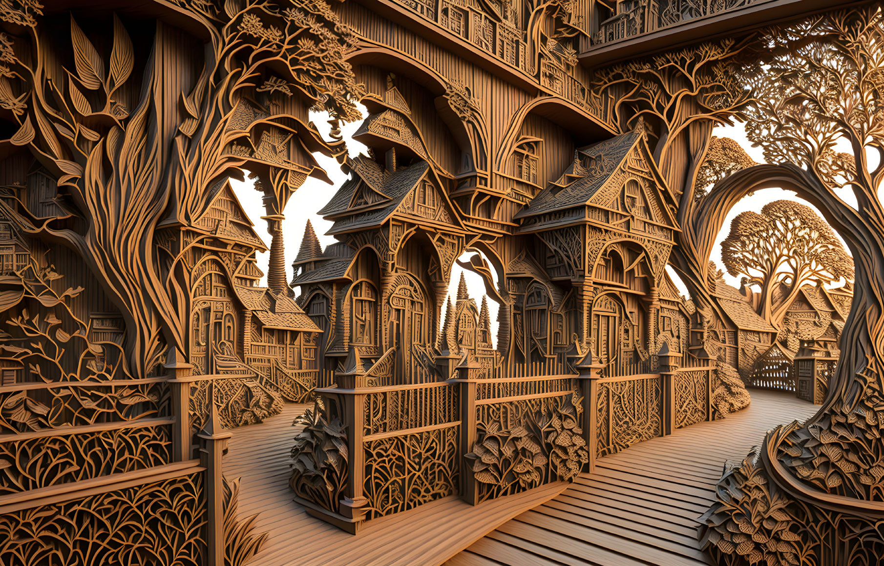 Detailed Wooden Architecture with Nature and Fantasy Designs