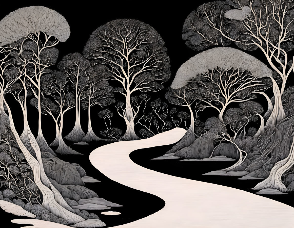 Monochrome artwork of a winding forest path with intricate trees