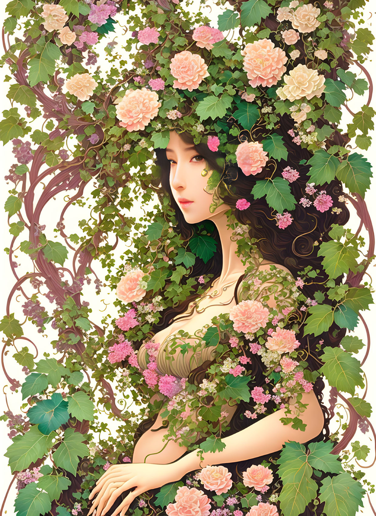 Illustrated woman with dark hair and floral elements on pale background