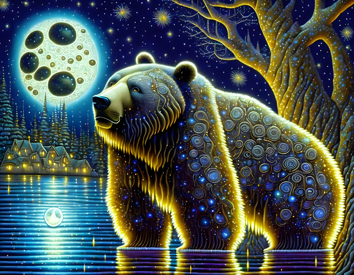 Colorful bear painting with circular patterns under starry sky, moon, water, and tree