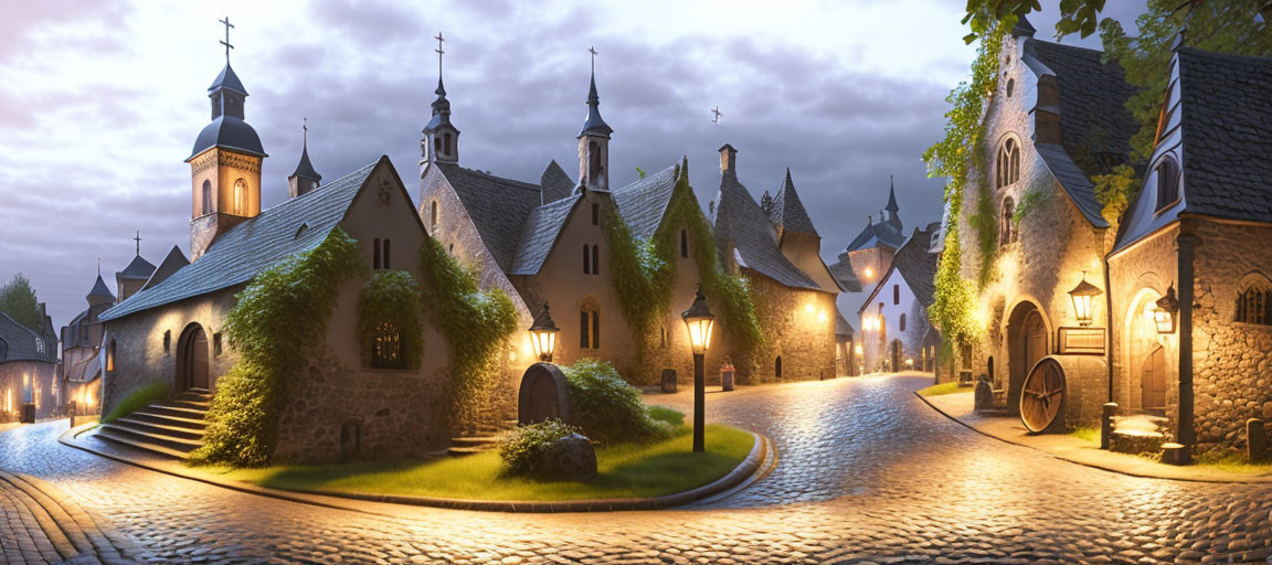 Traditional European Architecture on Serene Cobblestone Street at Dusk