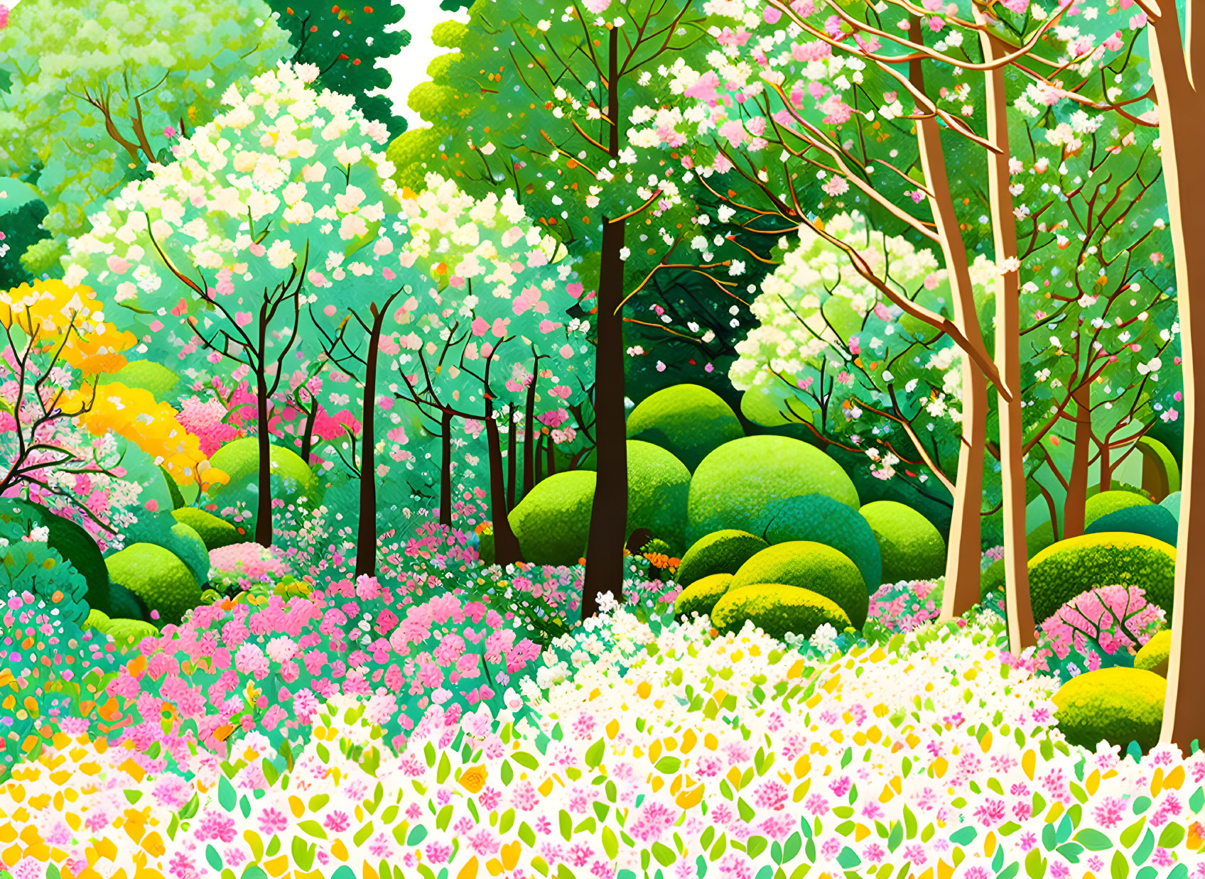 Colorful Floral Forest Illustration with Blooming Flowers