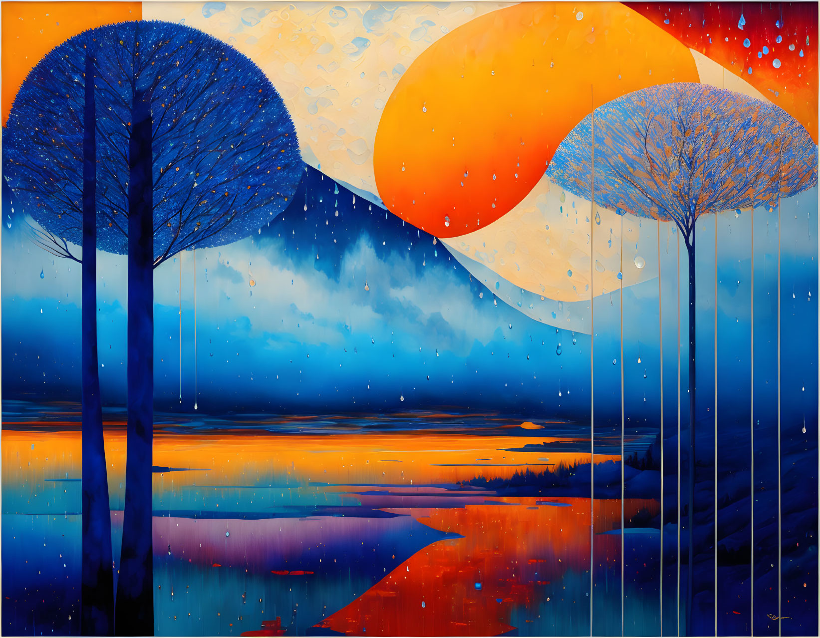 Colorful surreal landscape with stylized trees and celestial bodies reflected in water