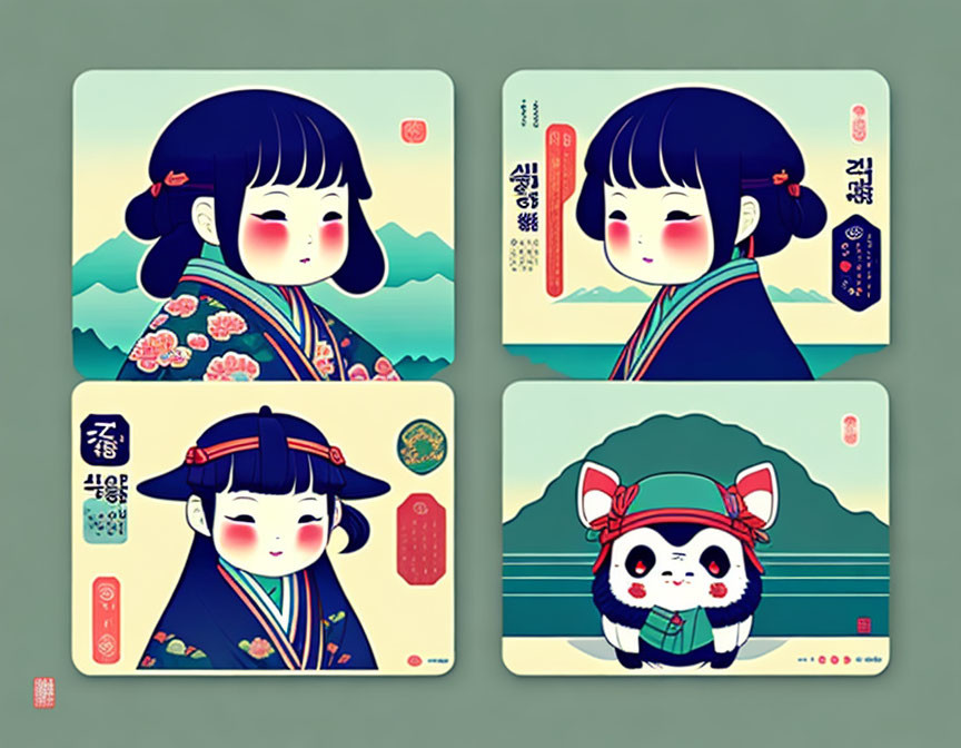 Stylized illustrations of girl and panda in East Asian clothing with cultural motifs