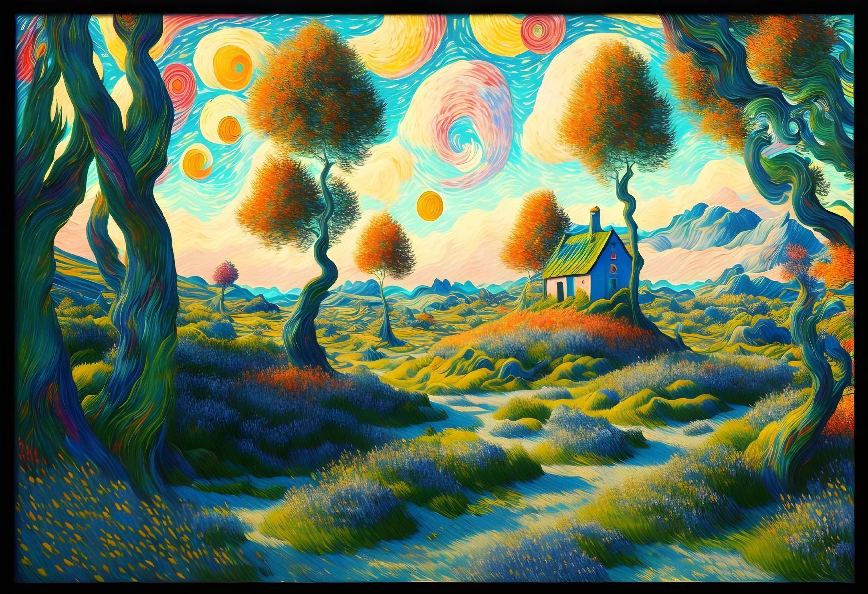 Colorful Landscape with Swirling Skies and Quaint House