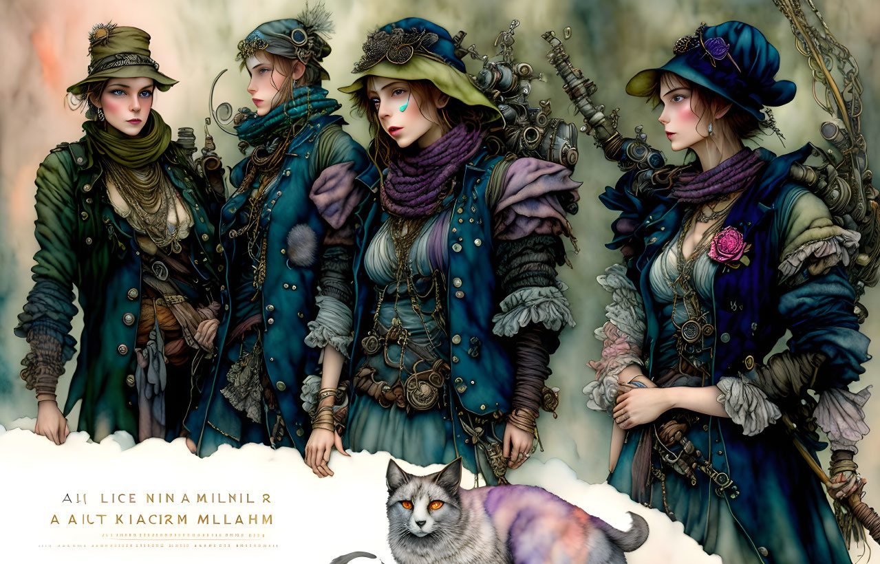 Stylized female characters in ornate steampunk attire with mechanical and floral elements.