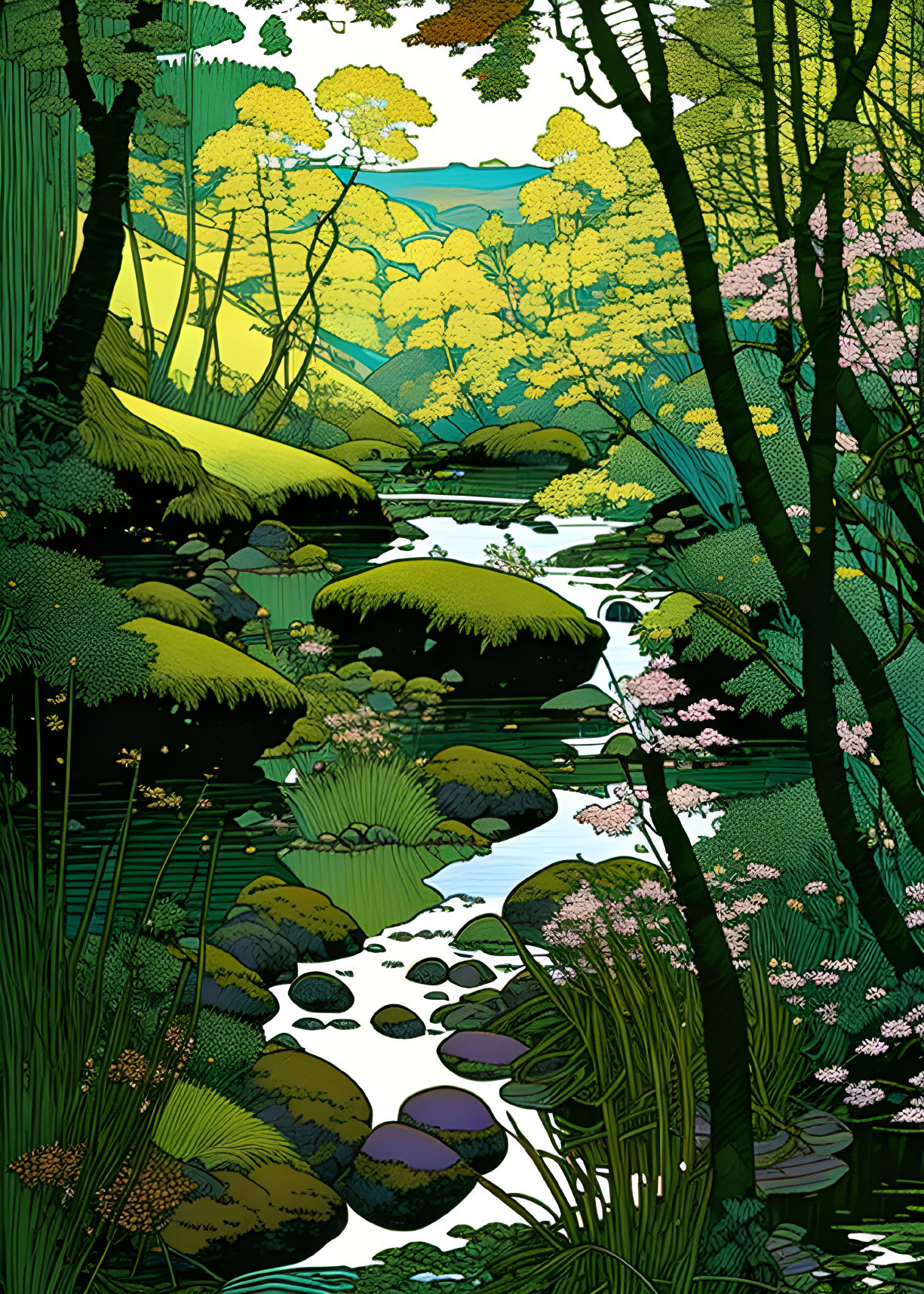 Detailed illustration of lush forest with meandering stream