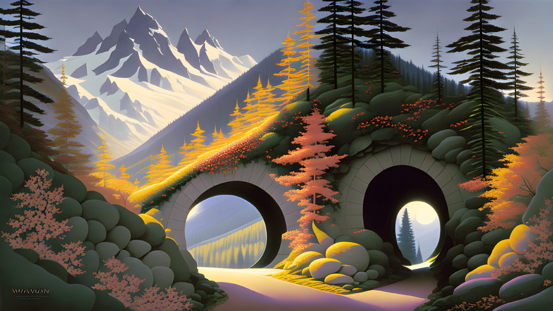 Scenic autumn tunnel with sunlit path and snow-capped mountain