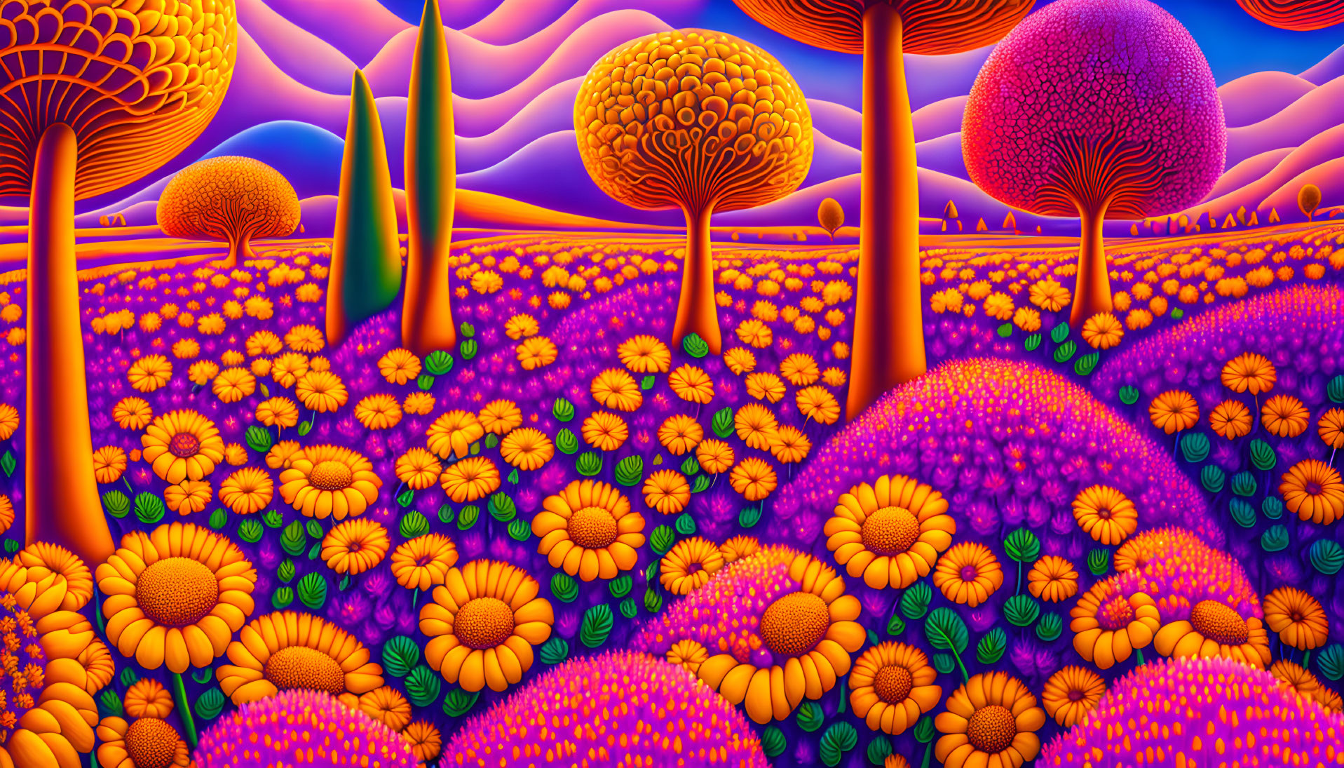 Colorful Psychedelic Landscape with Oversized Fungi and Flowers