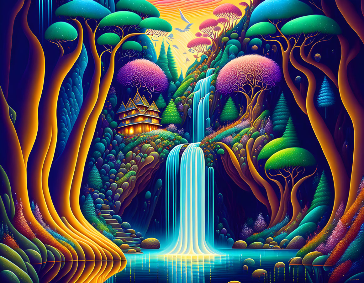 Colorful surreal landscape with trees, waterfall, temple, and stars in sunset sky