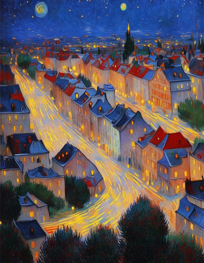 Luminous starry night scene of a quaint village in post-impressionist style