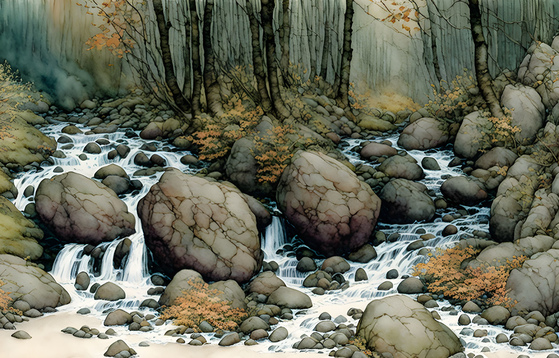 Tranquil forest stream with boulders, cascading water, and autumn trees