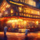 Warmly Lit Traditional Building with Glowing Lanterns and Restaurant Setting at Dusk