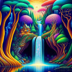 Colorful surreal landscape with trees, waterfall, temple, and stars in sunset sky