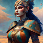 Fantastical portrait of female character in ornate armor with blue braids and red facial markings against