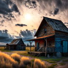 Rustic wooden houses under dramatic sunset sky.