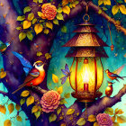 Colorful Birds Perched Around Lantern in Vibrant Fantasy Art