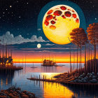 Surreal sunset scene with oversized celestial bodies, sea, stilt houses, wooden pier, and