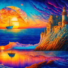 Surreal landscape: castle on cliff, boat at sea, large sun, swirling sky.
