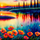 Colorful sunset over calm lake with tree reflections and poppies in serene landscape