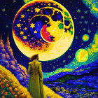 Vintage attire figure under swirling starry sky with oversized moons.