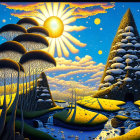 Surreal landscape featuring oversized mushrooms, intricate trees, sparkling water, and celestial bodies under radiant sun