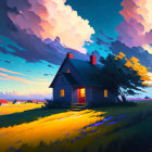 Tranquil blue house in yellow field under dramatic sunset sky