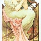 Illustrated poster of woman in white dress with art nouveau and anime fusion designs