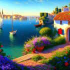 Tranquil seaside scene with sailboats, colorful buildings, vibrant flowers