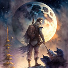 Cloaked figure with sword and wolf under gigantic moon in twilight sky