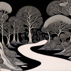 Monochrome artwork of a winding forest path with intricate trees