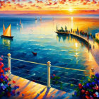 Colorful Sunset Seascape Painting with Boats, Pier, and Flowers