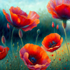 Bright red poppies with dark centers in a serene floral scene.