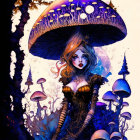 Colorful illustration of female figure under giant mushroom in magical forest