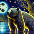 Colorful bear painting with circular patterns under starry sky, moon, water, and tree