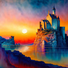 Digital artwork: Castle on cliff at sunset by lake