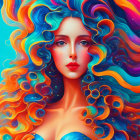 Colorful illustration of woman with blue eyes and floral headdress