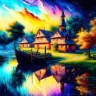 Colorful Landscape with Boat Near Shore Reflecting Buildings and Trees