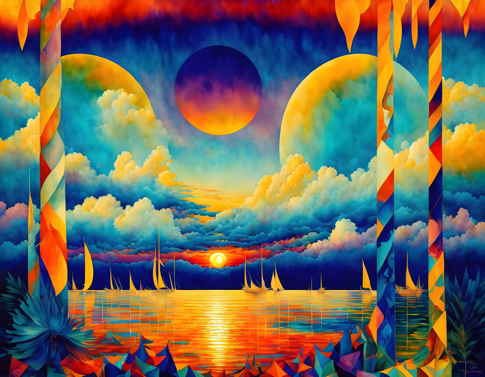 Dual sunset over water with colorful clouds and stylized flora in surreal landscape