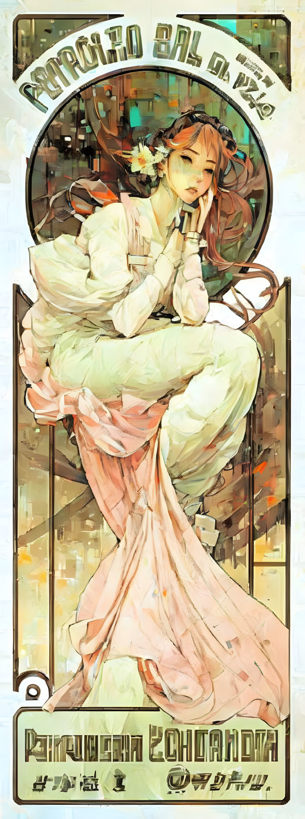 Illustrated poster of woman in white dress with art nouveau and anime fusion designs