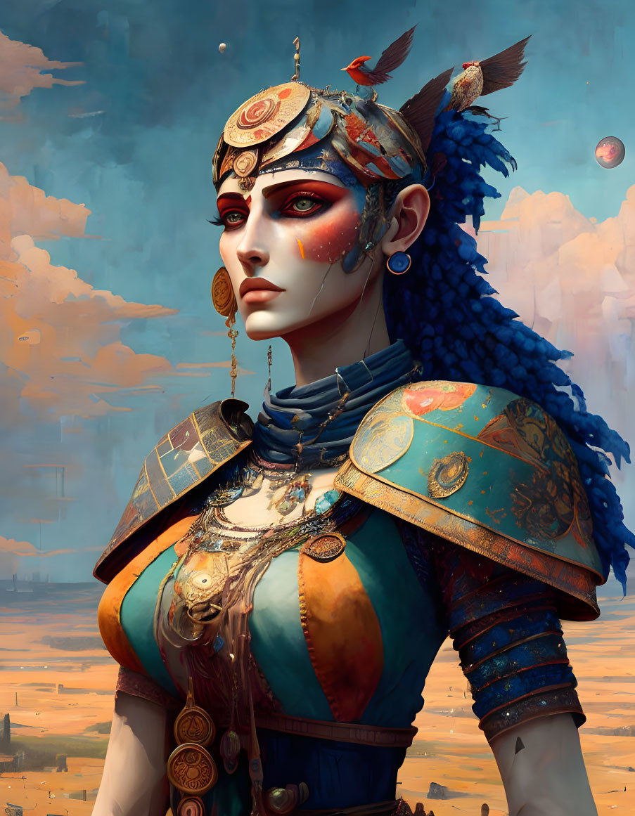 Fantastical portrait of female character in ornate armor with blue braids and red facial markings against